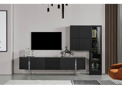 Black TV lowboard designer living room furniture luxury wall cabinet 3 pieces