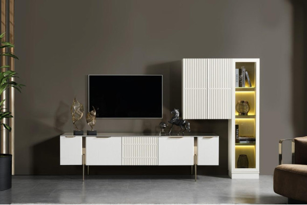 White TV lowboard designer wall cabinet stainless steel display case luxurious set