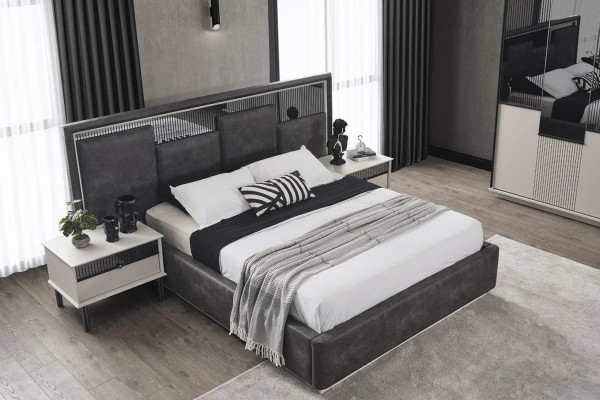 Bedroom Suite Black Double bed 2x Modern Wood Bedside tables