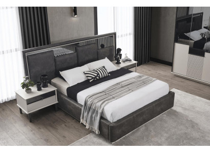 Bedroom Suite Black Double bed 2x Modern Wood Bedside tables