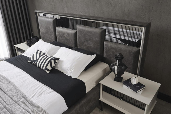 Bedroom Suite Black Double bed 2x Modern Wood Bedside tables