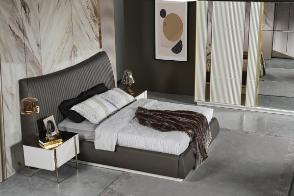 Stylish bedroom set luxury gray bed 2x white bedside tables