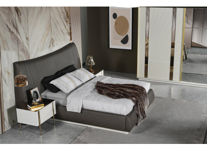 Stylish bedroom set luxury gray bed 2x white bedside tables