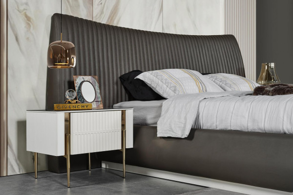 Stylish bedroom set luxury gray bed 2x white bedside tables