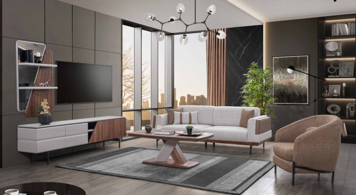 Modern living room set 3-seater coffee table TV lowboard wall shelf 5 pieces