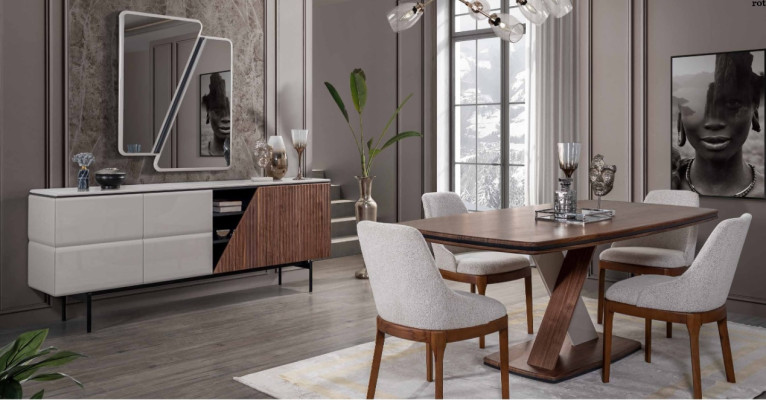 Brown-Gray Dining room Suite Dining table 4x Chairs Chest of drawers Mirror 7pcs