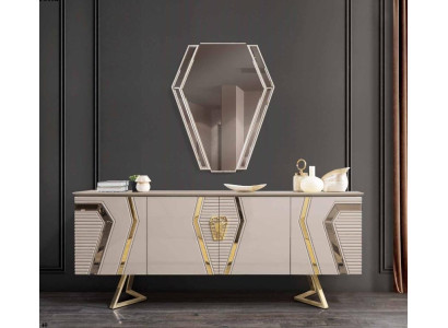 Luxury White-Golden Chest of drawers with Mirror Designer Sideboard Wooden Furniture