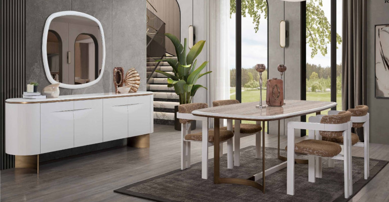 Dining room Set Dining table 4x Chairs Chest of drawers Mirror Modern Set White Dining set
