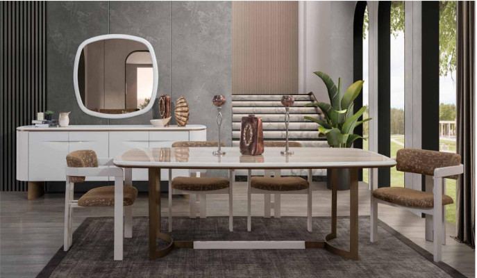 Dining room Set Dining table 4x Chairs Chest of drawers Mirror Modern Set White Dining set