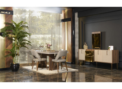 Dining room Set Dining table 4x Chairs Chest of drawers with Mirror Modern Set Beige Dining set