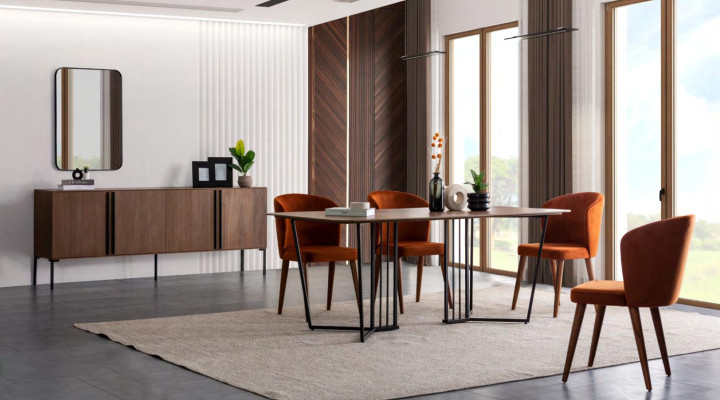 Dining room Set Dining table 4x Chairs Chest of drawers Mirror Modern Set Brown Dining set