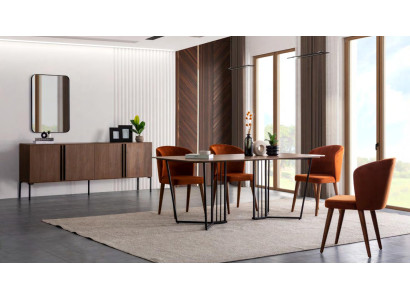 Dining room Set Dining table 4x Chairs Chest of drawers Mirror Modern Set Brown Dining set