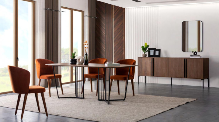 Dining room Set Dining table 4x Chairs Chest of drawers Mirror Modern Set Brown Dining set