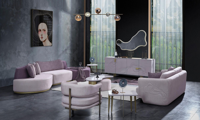Sofa set Large Living landscape Pink fabric sofas Modern set 7 pieces