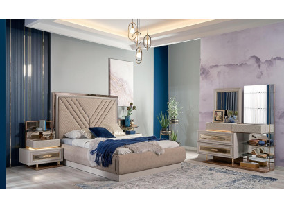 Double bed Complete e Bedroom Bed Beige 4-piece Wood Dressing table