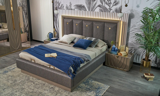 Double bed Complete e Bedroom Bed Brown Set 3-piece Bedside tables Wood