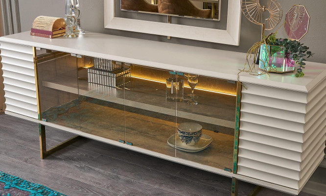 Sideboard Suite Sideboard with Mirror Dining room Wood Beige Chest of drawers