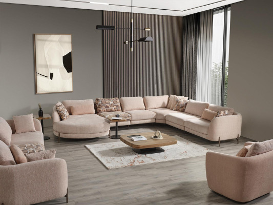 Living room Set 6pcs Suite Corner sofa U-shape Wood Coffee table Luxury Furnishings