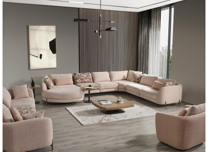 Living room Set 6pcs Suite Corner sofa U-shape Wood Coffee table Luxury Furnishings