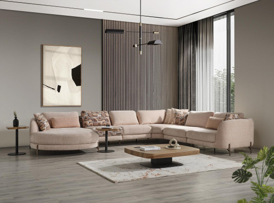 Living room Set 6pcs Suite Corner sofa U-shape Wood Coffee table Luxury Furnishings