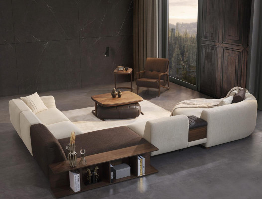 Living room Suite Corner sofa U-shape new Armchair Luxury Wood Coffee table Stool