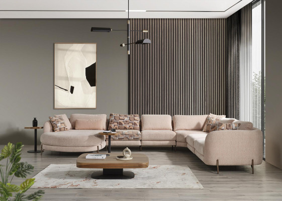 Living room Set Corner sofa U-shape Furniture 2x Side table Wood Modern Coffee table