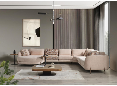 Living room Set Corner sofa U-shape Furniture 2x Side table Wood Modern Coffee table