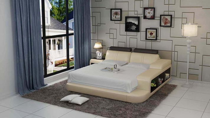 Design Upholstery Double Bed Modern Beds Bedroom with USB & Shelf 180x200cm