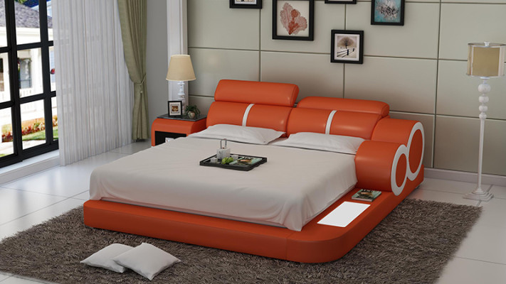 Design Bed XXL Big Beds Leather Upholstery Hotel 160x200cm Multifunction Shelf USB