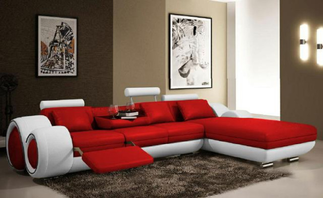 Corner sofa Living landscape Couch Leather sofa Sofa Upholstery Suite Corner - Grey-White