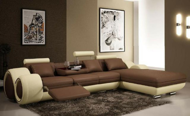 Corner sofa Living landscape Couch Leather sofa Sofa Upholstery Suite Corner - Grey-White
