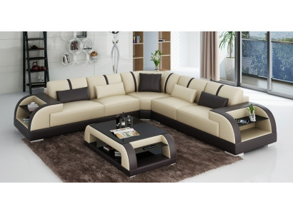 Design Corner Leather Sofa Couch Upholstery Suite Living landscape L-shape Modern Beige
