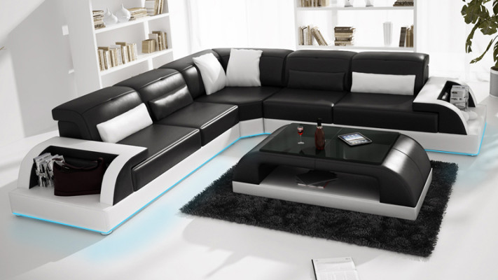 Leather sofa Couch Living landscape Corner sofa Corner Suite Design Modern Sofa USB White