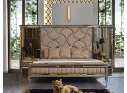 Double bed with two bedside tables in a high-quality luxury design in beige with golden elements
