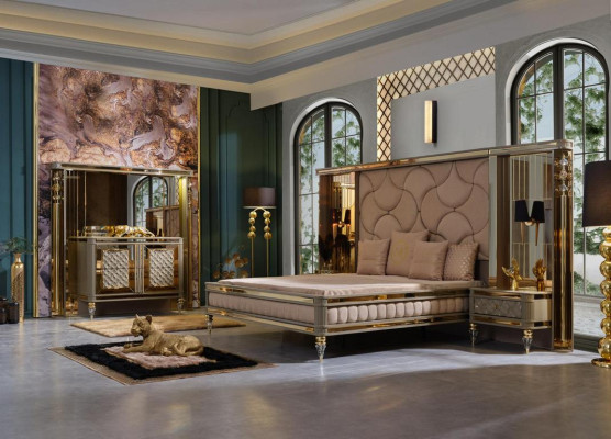 Double bed with two bedside tables in a high-quality luxury design in beige with golden elements