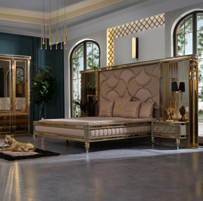 Double bed with two bedside tables in a high-quality luxury design in beige with golden elements