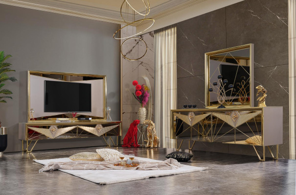 Seating sets Wardrobe Wardrobe Chest of drawers TV chest of drawers in an exquisite design with gold-colored elements