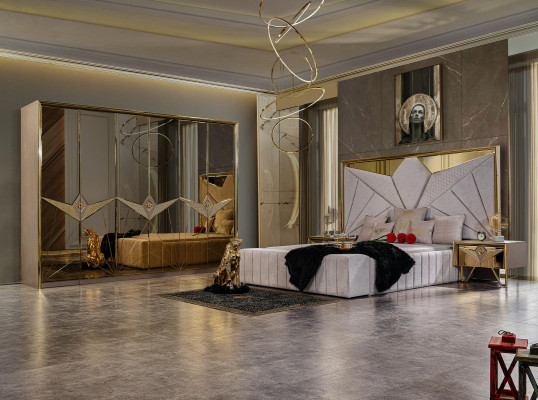 Glamorous bedroom experience luxury furniture set with detailed gold nuances