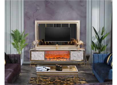 Fireplace wall frame for television with coffee table set in an elegant premium design made from stainless steel