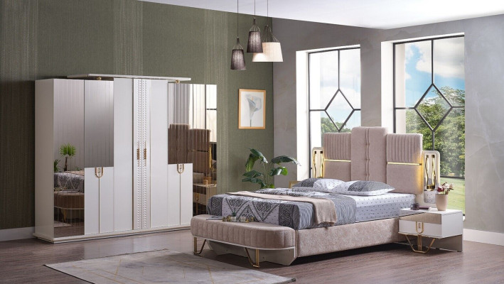 Luxury Bedroom Set 5 pcs. Bed 2x Bedside tables Wardrobe Stool Modern