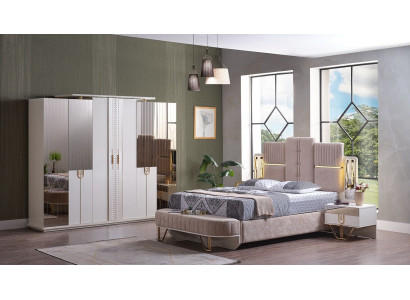 Luxury Bedroom Set 5 pcs. Bed 2x Bedside tables Wardrobe Stool Modern