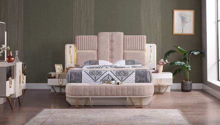 Luxury Bedroom Set 5 pcs. Bed 2x Bedside tables Wardrobe Stool Modern