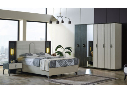 Luxury Bedroom Set 4 pcs. Bed 2x Bedside tables Wardrobe Beige