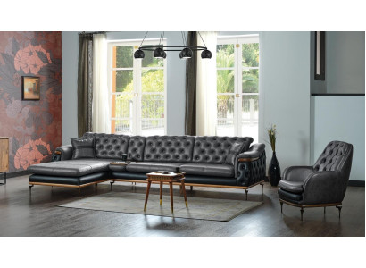Black Living room Set Corner sofa L-shape Armchair Modern Chesterfield Complete Black Living room Set Corner sofa L-shape Armchair Modern Chesterfield Complete