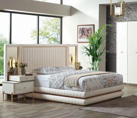 Modern Bedroom Set Bed + 2x Bedside tables Design Furniture 3 pcs. beige