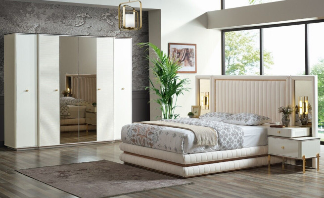 Bedroom Set Bed 2x Bedside tables Wardrobe Design Furniture 4 pcs. beige