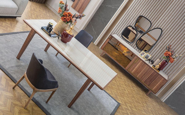 Dining room set luxury 4x chairs + dining table + 2x armchairs + sideboard + 3x mirror new