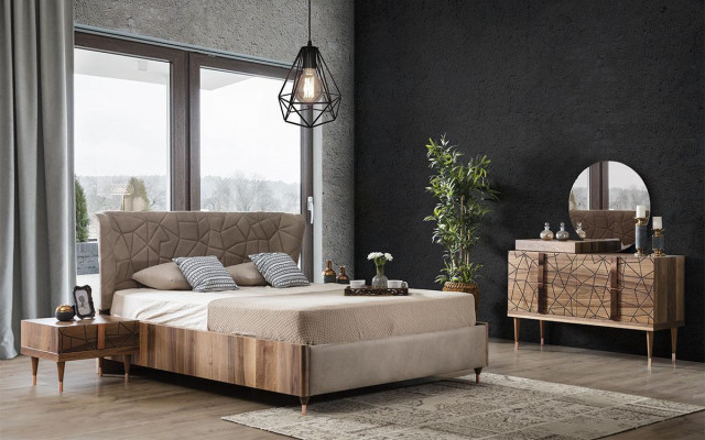 Modern Bedroom Set Bed + 2x Bedside tables + Chest of drawers with Mirror Luxury Brown