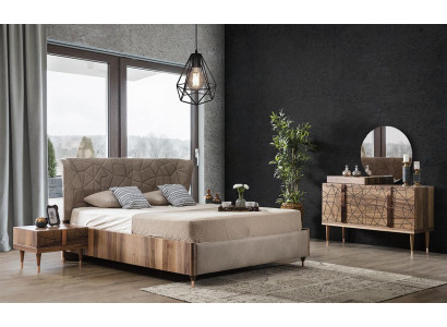 Modern Bedroom Set Bed + 2x Bedside tables + Chest of drawers with Mirror Luxury Brown