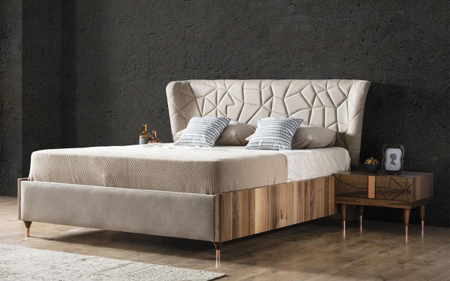 Modern Bedroom Set Bed + 2x Bedside tables + Chest of drawers with Mirror Luxury Brown